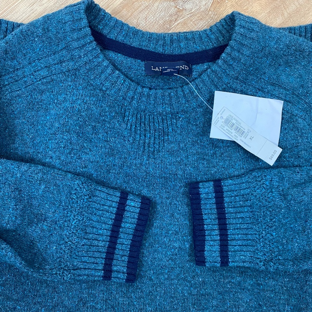 Lands End NWT 100% lambswool crew men’s sweater color: Jade Donegal Size XL